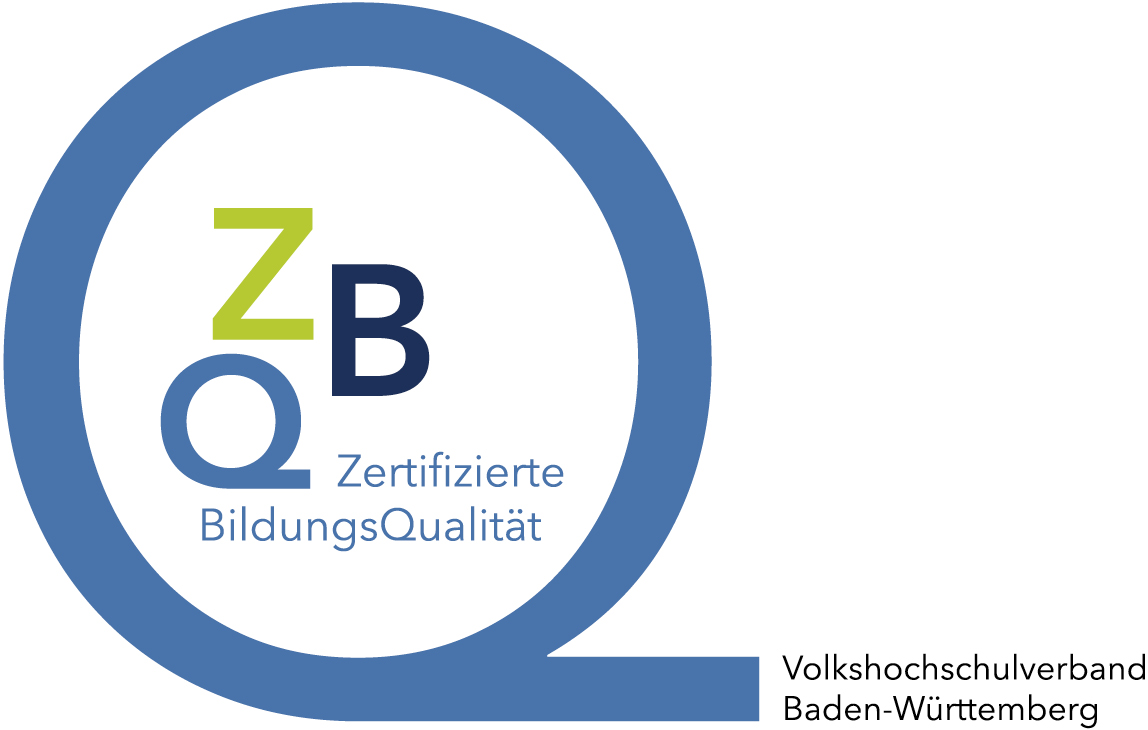 ZBQ - zertifizierte Bildungs-Qualität des VHS-Verbands Baden-Württemberg - Die VHS ist eine zertifizierte Bildungseinrichtung mit einem kontinuierlichen Qualitätsmanagement. - Zum Vergrößern klicken.